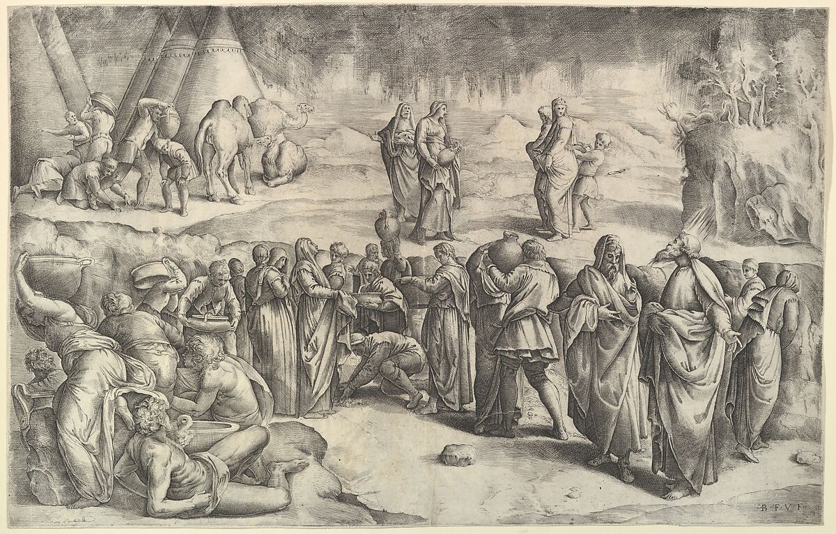 The Israelites Gathering Manna, Battista Franco (Italian, Venice ca. 1510–1561 Venice), Etching and engraving, second state of two 