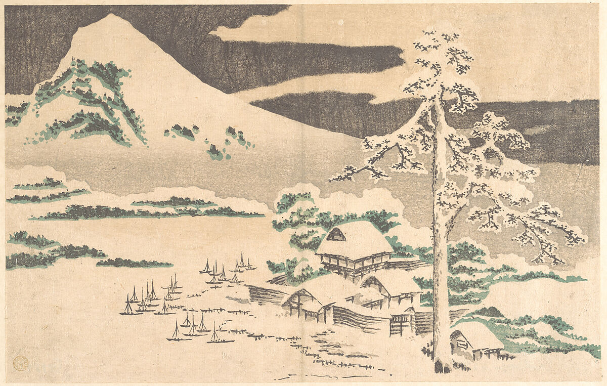 Seaside Village in Winter, from Hokusai’s Album of Realistic Pictures (Hokusai shashin gafu), Katsushika Hokusai (Japanese, Tokyo (Edo) 1760–1849 Tokyo (Edo)), Detached plate from a woodblock printed book; ink and color on paper, Japan 