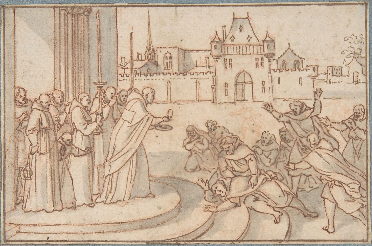 Saint Bernard presenting the host to Guillaume X, duc de Guyenne, Sébastien Leclerc I (French, Metz 1637–1714 Paris), Pen and brown ink, brush and gray wash, over red chalk; framing lines in pen and brown ink 