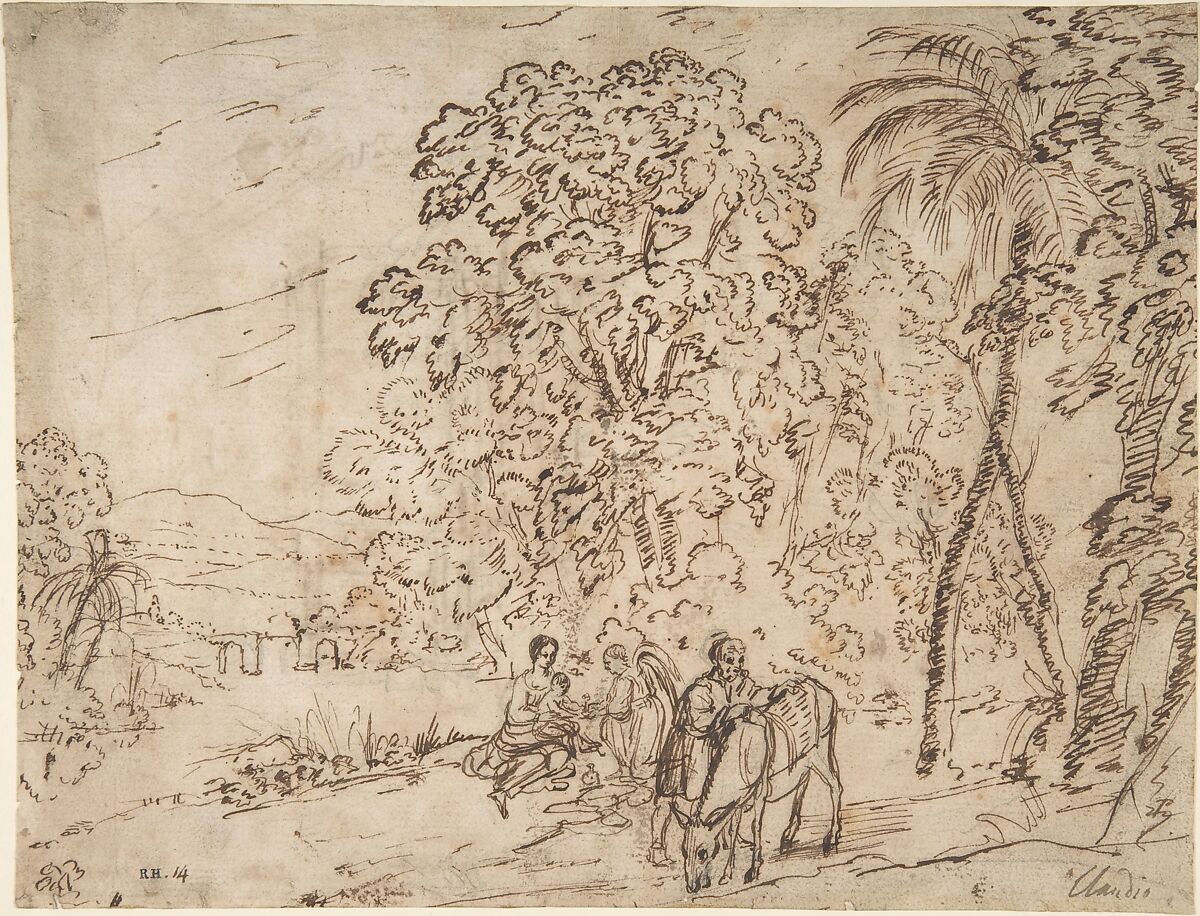 The Rest on the Flight into Egypt (recto); The Arch of Titus, Camp Vaccino (verso), Claude Lorrain (Claude Gellée) (French, Chamagne 1604/5?–1682 Rome), Pen and brown ink over traces of black chalk (recto), pen and brown ink (verso) 