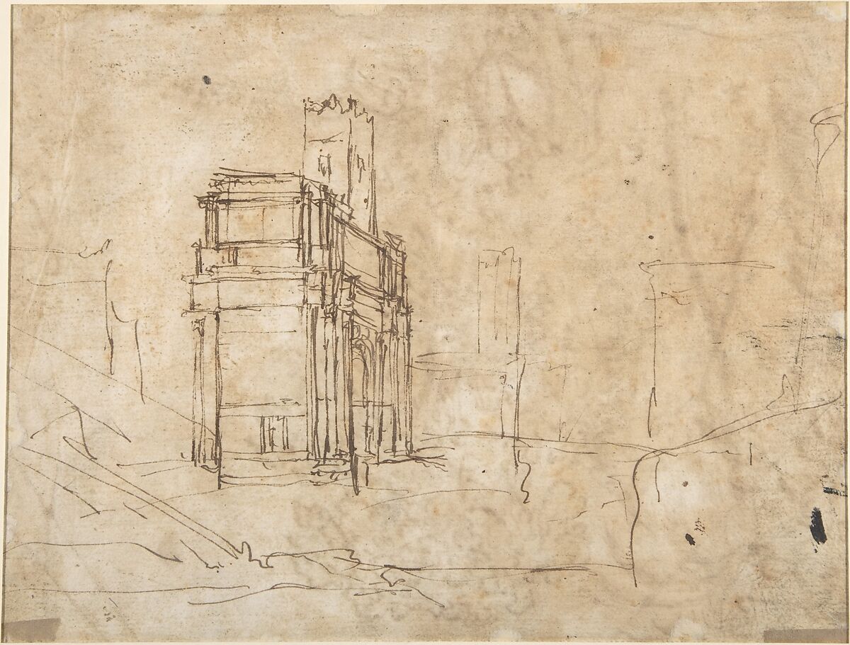 The Rest on the Flight into Egypt (recto); The Arch of Titus, Camp Vaccino (verso), Claude Lorrain (Claude Gellée) (French, Chamagne 1604/5?–1682 Rome), Pen and brown ink over traces of black chalk (recto), pen and brown ink (verso)