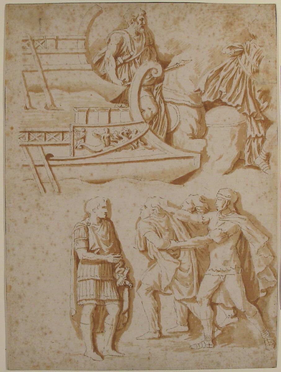 Studies of Details from Trajan's Column, Nicolas Poussin (French, Les Andelys 1594–1665 Rome), Pen and brown ink, brush and brown wash, over traces of black chalk 