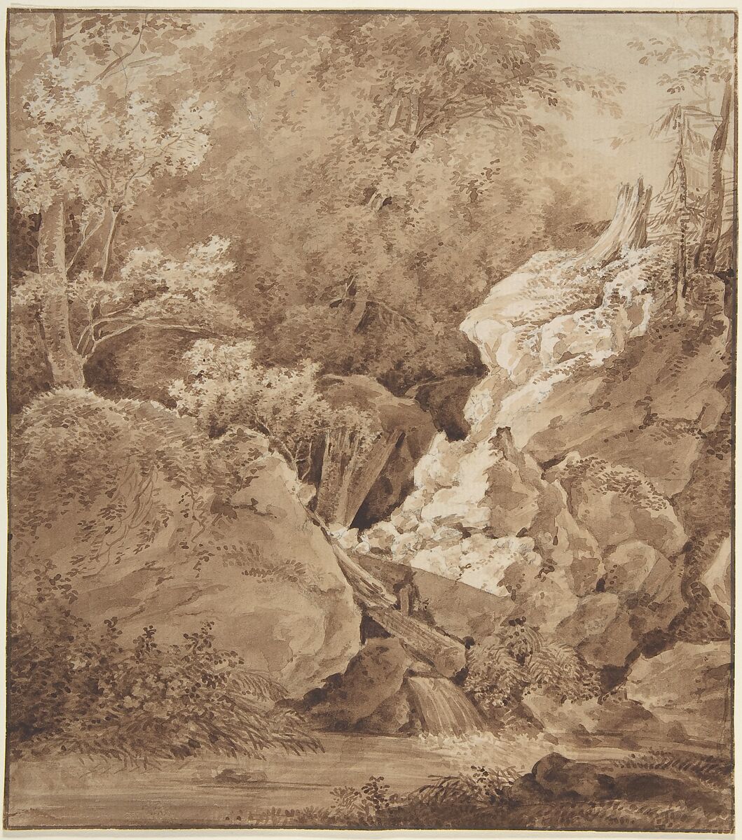 Woodland Scene with Mountain Stream, Johann Georg von Dillis (German, Grüngiebing 1759–1841 Munich), Pen and brown sepia, brush and brown washed sepia, over graphite. Framing line in brown ink 