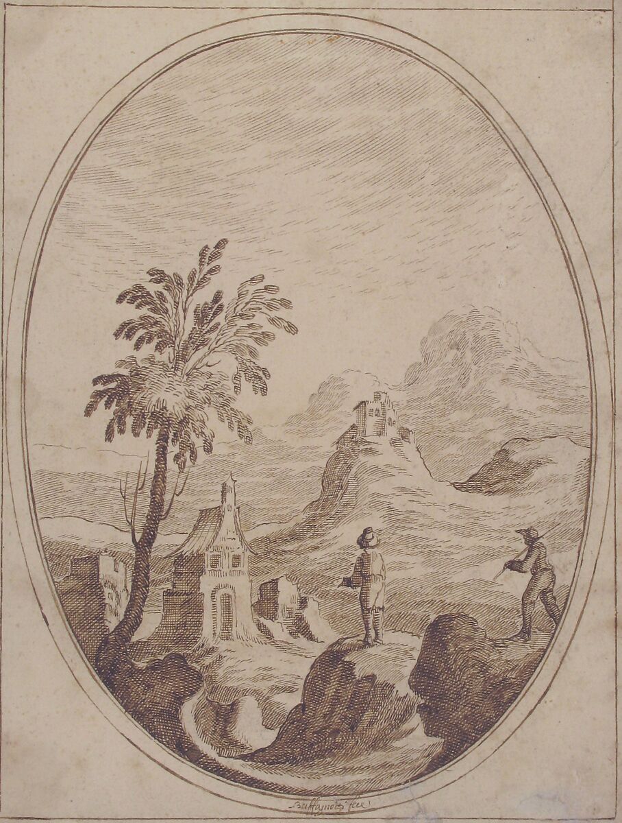 Vertical Oval Vignette of a Mountainous Landscape with Two Shepherds in the Foreground., Carlo Antonio Buffagnotti (Italian, Bologna 1660–after 1710 Ferrara), Pen and brown ink. Framing outlines in pen and brown ink