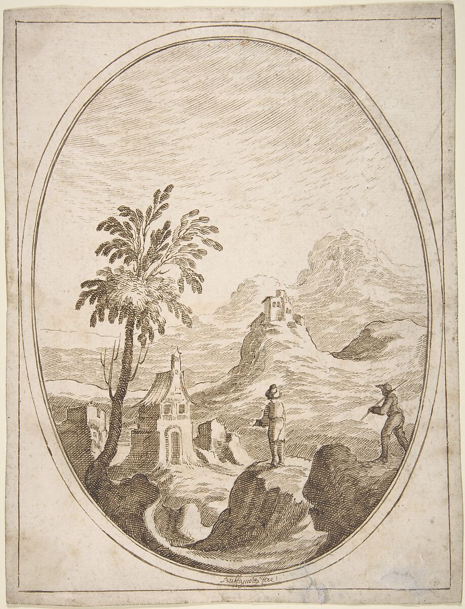 Vertical Oval Vignette of a Mountainous Landscape with Two Shepherds in the Foreground., Carlo Antonio Buffagnotti (Italian, Bologna 1660–after 1710 Ferrara), Pen and brown ink. Framing outlines in pen and brown ink 