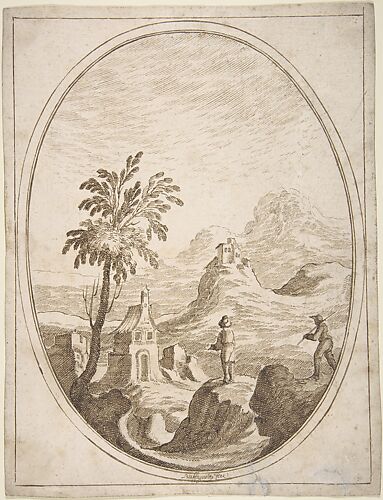 Vertical Oval Vignette of a Mountainous Landscape with Two Shepherds in the Foreground.