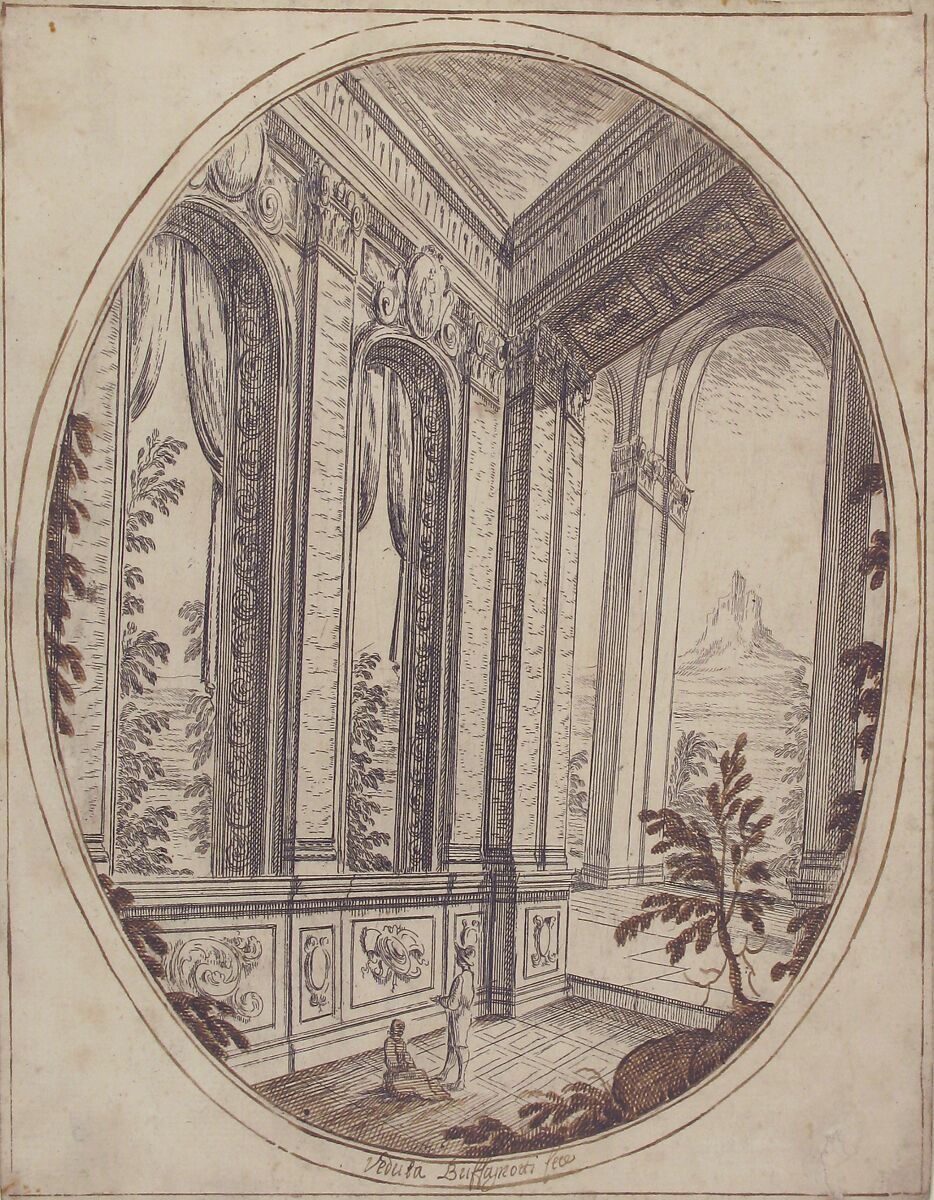 Vertical Oval Vignette of A Palace Interior with Two Figures Admiring Decoration; a Craggy Mountain Seen Through a Window in The Far Distance., Carlo Antonio Buffagnotti (Italian, Bologna 1660–after 1710 Ferrara), Pen and brown and black ink. Framing outlines in pen and brown ink. Foliage and hatching additions added around inside of frame in pen and brown ink