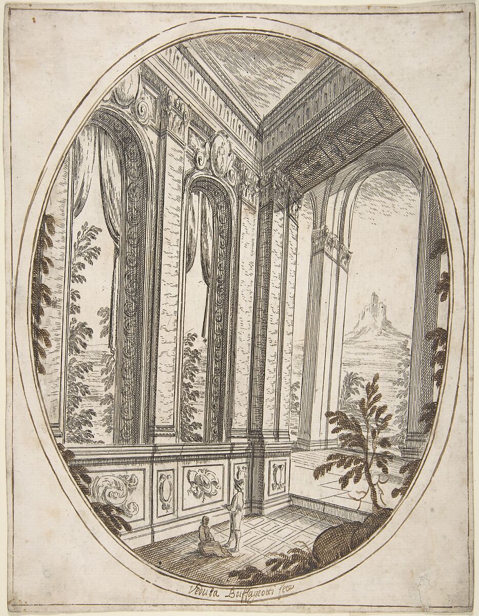 Vertical Oval Vignette of A Palace Interior with Two Figures Admiring Decoration; a Craggy Mountain Seen Through a Window in The Far Distance., Carlo Antonio Buffagnotti (Italian, Bologna 1660–after 1710 Ferrara), Pen and brown and black ink. Framing outlines in pen and brown ink. Foliage and hatching additions added around inside of frame in pen and brown ink 