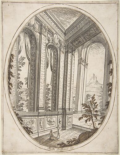 Vertical Oval Vignette of A Palace Interior with Two Figures Admiring Decoration; a Craggy Mountain Seen Through a Window in The Far Distance.