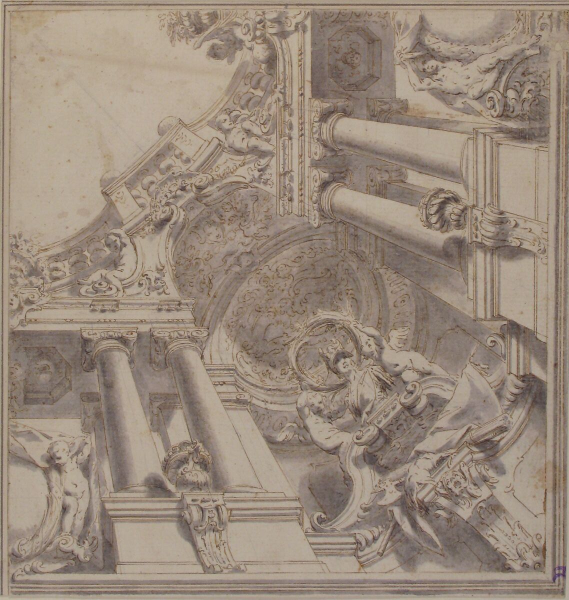 Design for a Quarter of a Trompe L'Oeil Ceiling with Architecture in the Ionic Order and a Statue of Victory, Vittorio Maria Bigari (Italian, Bologna 1692–1776 Bologna), Pen and brown ink, brush and gray wash, over graphite