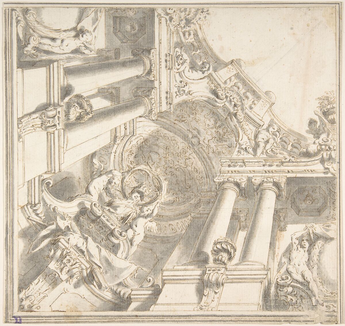 Design for a Quarter of a Trompe L'Oeil Ceiling with Architecture in the Ionic Order and a Statue of Victory, Vittorio Maria Bigari (Italian, Bologna 1692–1776 Bologna), Pen and brown ink, brush and gray wash, over traces of graphite 