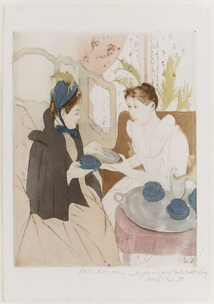 Afternoon Tea Party, Mary Cassatt (American, Pittsburgh, Pennsylvania 1844–1926 Le Mesnil-Théribus, Oise), Drypoint and aquatint, printed in color from three plates; touches of gold paint applied with a brush; (fifth state of five (Mathews & Shapiro)