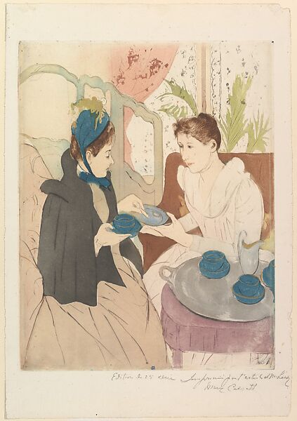 Afternoon Tea Party, Mary Cassatt (American, Pittsburgh, Pennsylvania 1844–1926 Le Mesnil-Théribus, Oise), Drypoint and aquatint, printed in color from three plates; fifth state of five (Mathews & Shapiro) 