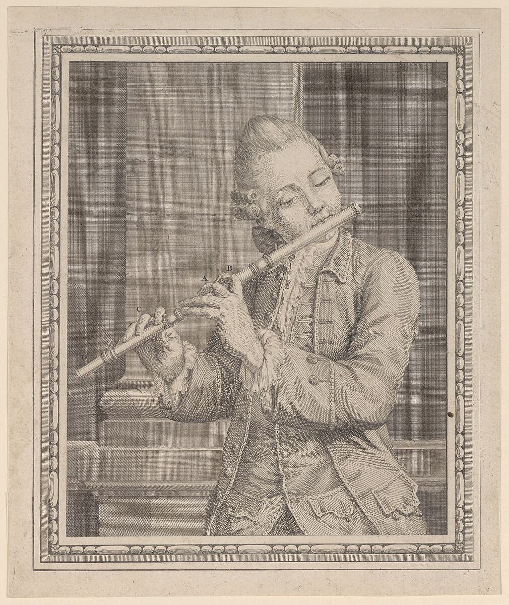 Player of a transverse flute, Anonymous, French, 18th century, Etching 