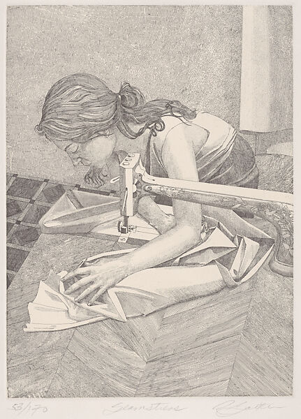 Seamstress, Robert Baxter (American, born Milwaukee, Wisconsin 1933), Etching and engraving with chine collé 