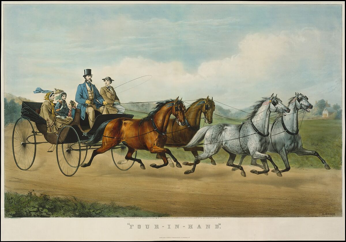 "Four-in-Hand", Currier &amp; Ives (American, active New York, 1857–1907), Hand-colored lithograph 