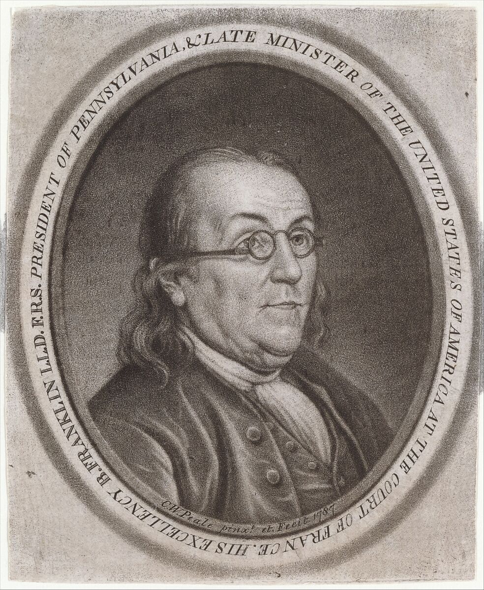 Benjamin Franklin, Designed and engraved by Charles Willson Peale (American, Chester, Maryland 1741–1827 Philadelphia, Pennsylvania), Mezzotint on tan paper 