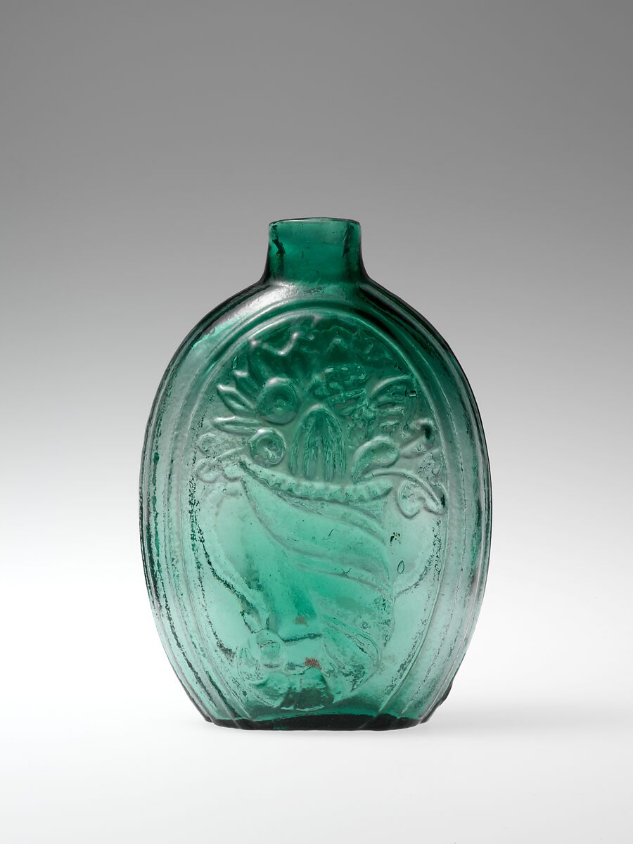 Figured flask, Probably Coventry Glass Works (1813–1850) or, Blown-molded glass, American