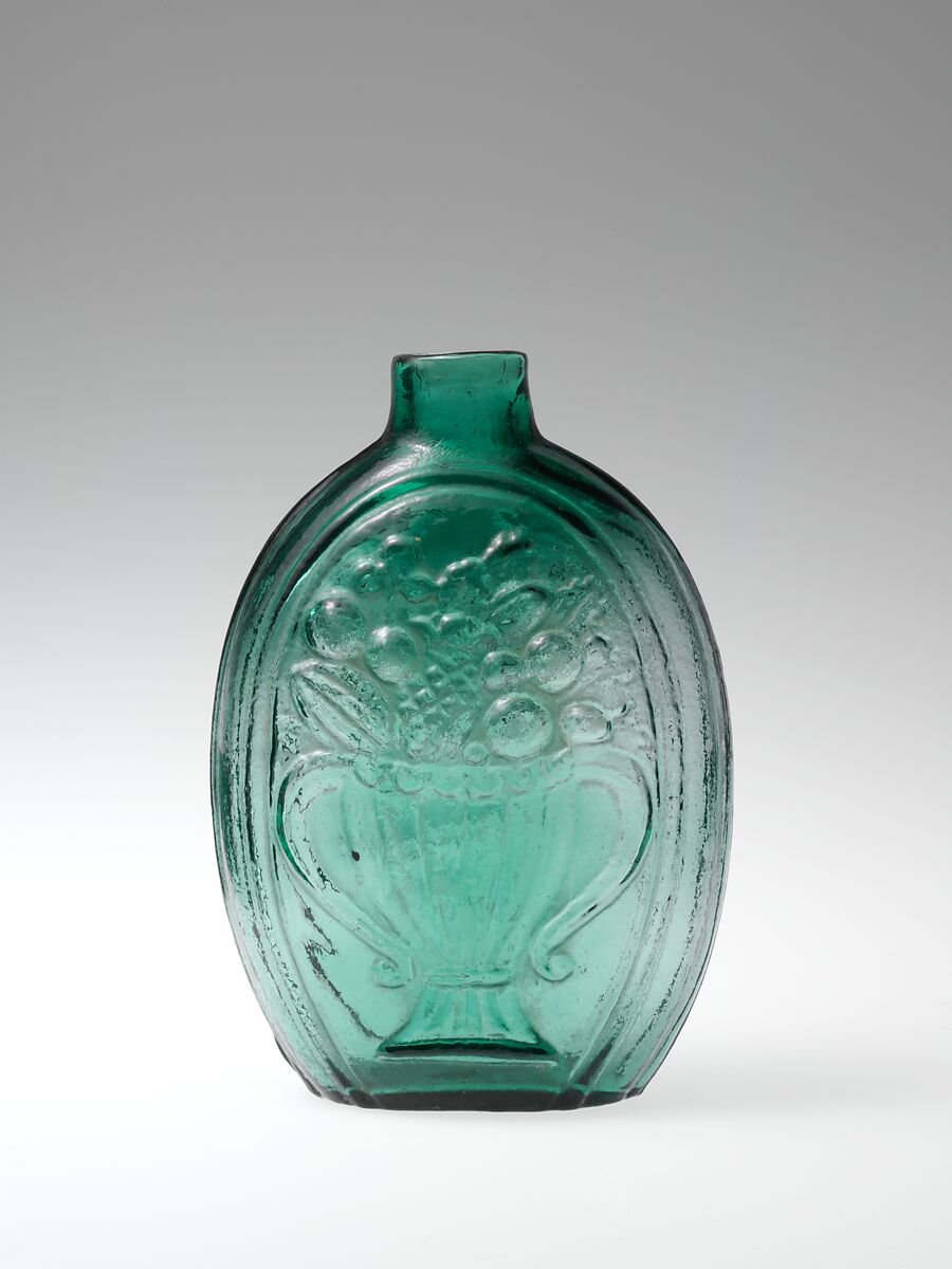 Figured flask, Probably Coventry Glass Works (1813–1850) or, Blown-molded glass, American 