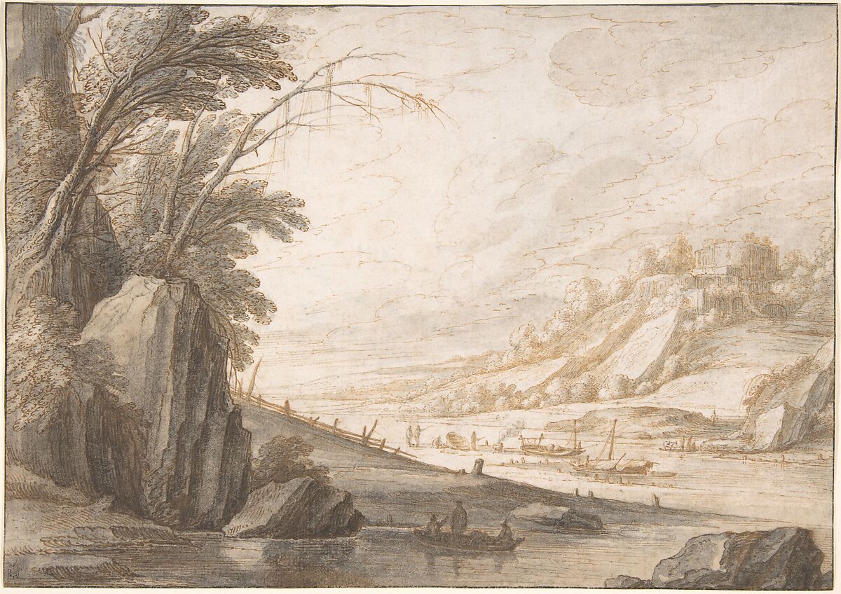 Landscape with Fishermen, Maerten de Cock (Netherlandish, Antwerp ca. 1578–ca. 1661 Rome), Black chalk, pen and brown ink, brush and gray and brown wash; framing lines in pen and black ink 