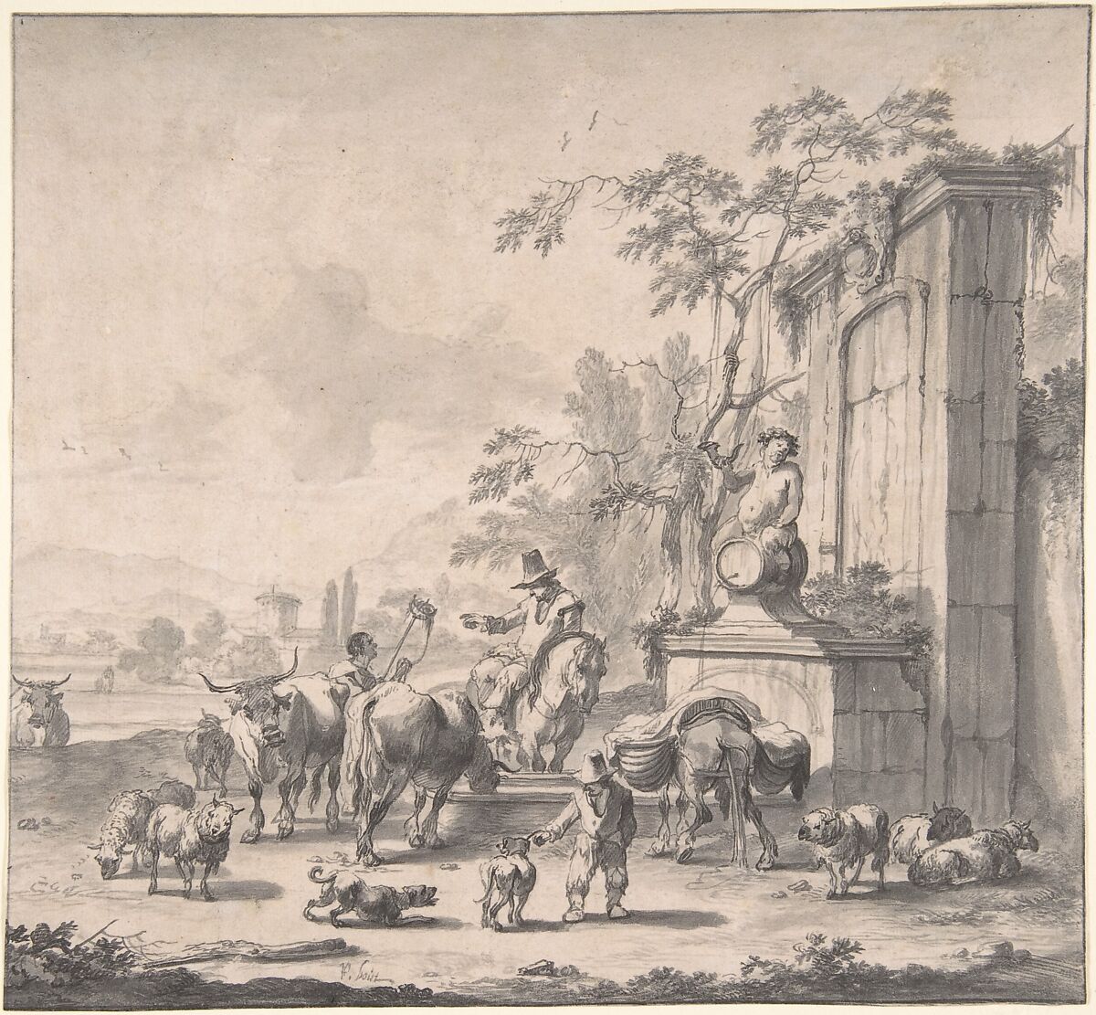 Landscape with Herdsmen, Sheep and Cows Around a Fountain, Pieter Bout (Flemish, Brussels 1658–1719), Pen and gray and black ink, brush and gray wash 