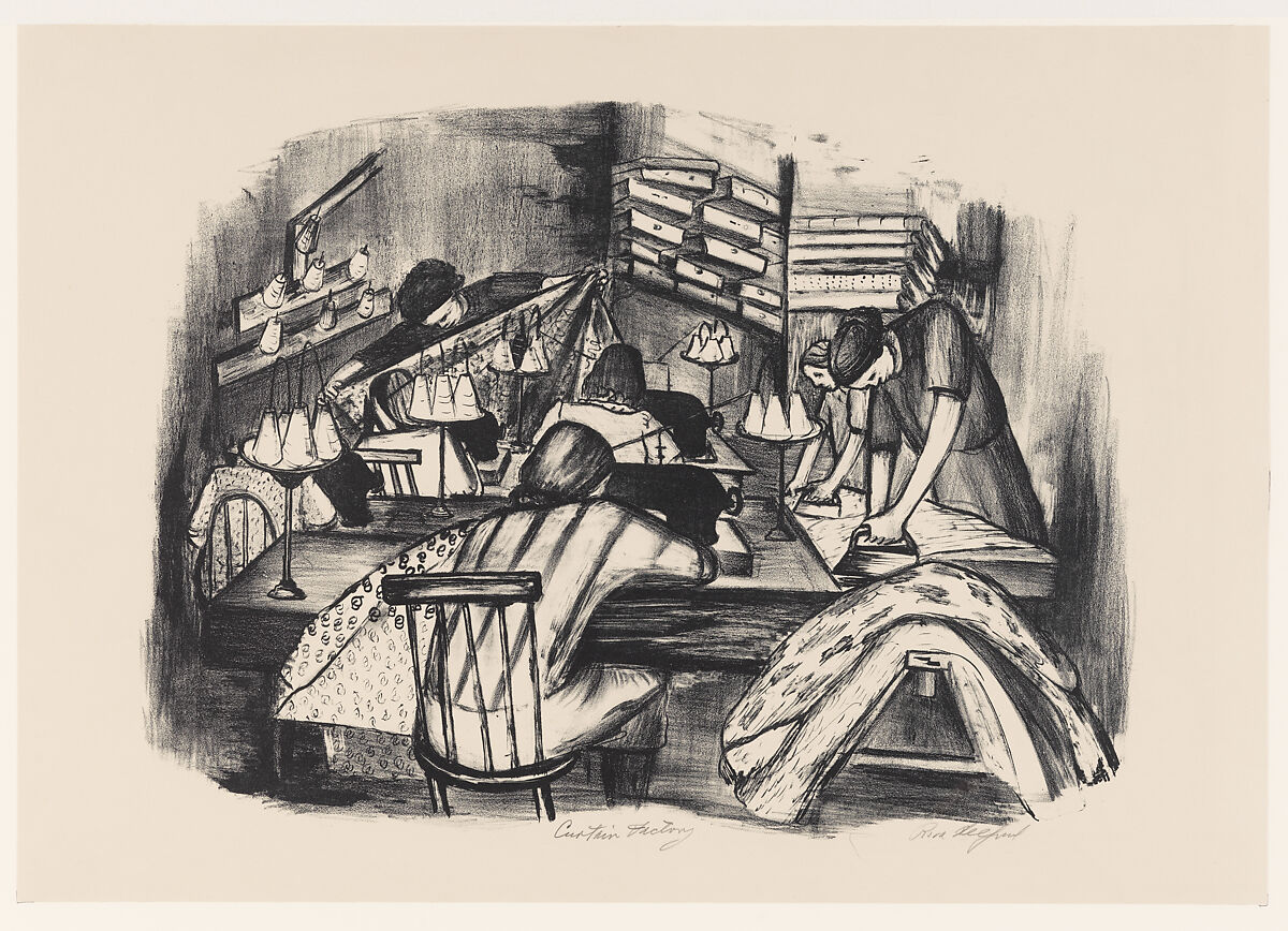 Curtain Factory, Riva Helfond (American, Brooklyn, New York 1910–2002), Lithograph 