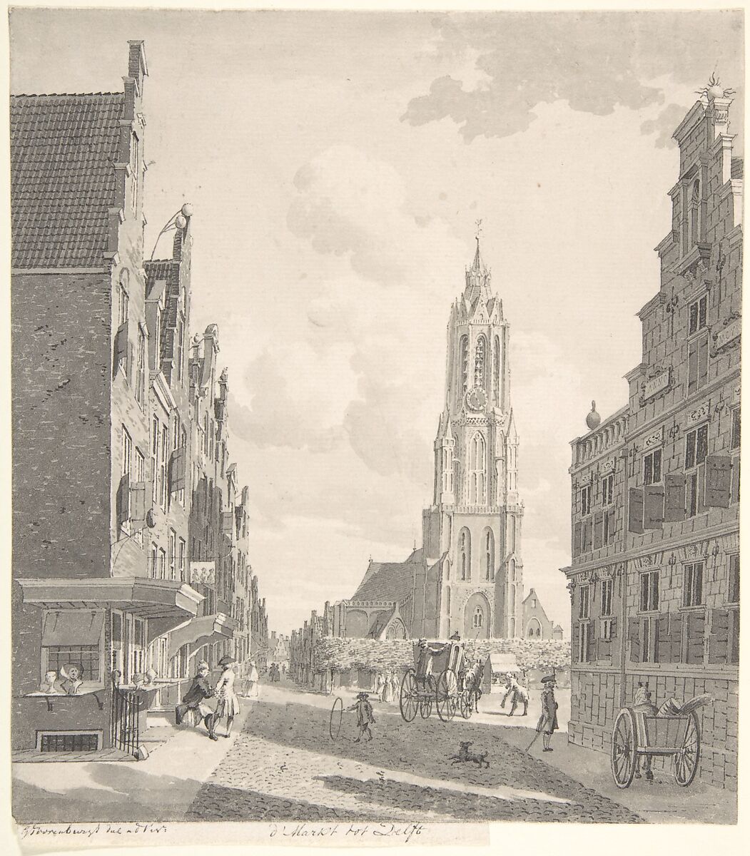 Marketplace of Delft with the Nieuwekerk, Gerrit Toorenburgh (Dutch, Amsterdam 1732–1785 Nijerk), Pen and gray ink, brush and gray wash 