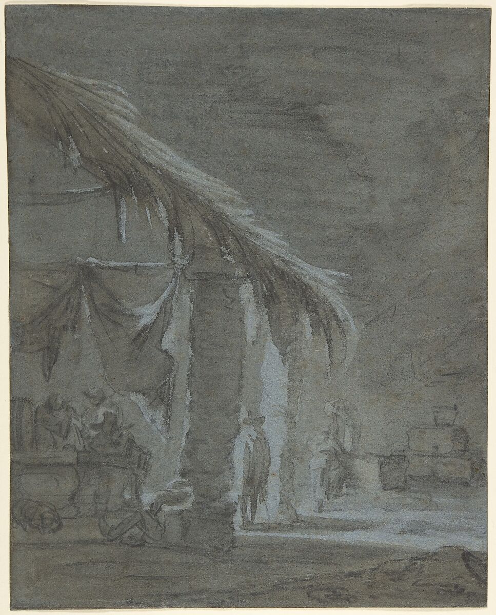 Figures in an Outdoor Tavern, Jan Asselijn (Dutch, Dieppe after 1610–1652 Amsterdam), Black chalk, brush and brownis-gray wash, heightened with white; framing lines in brown ink, on blue paper 