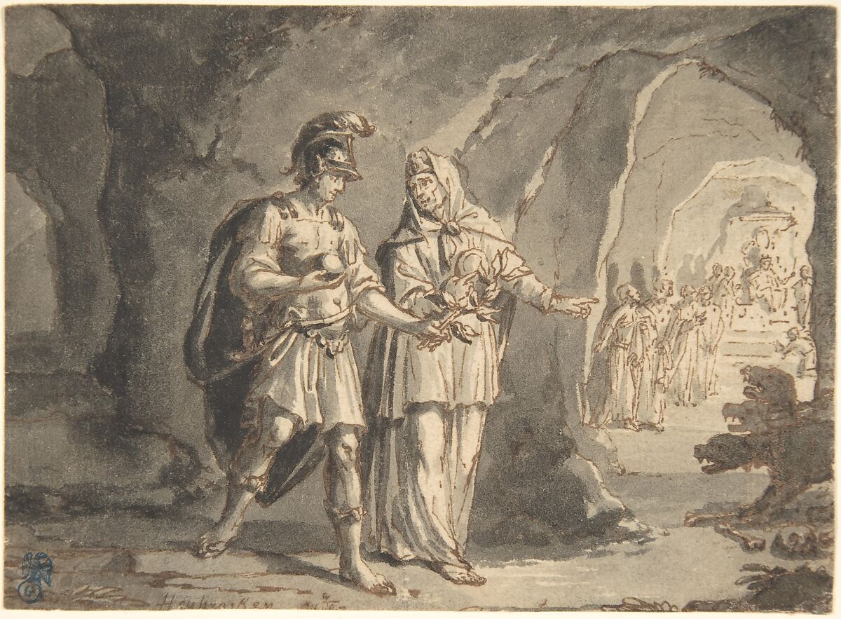 Aeneas and the Sibyl in the Underworld, Arnold Houbraken (Dutch, Dordrecht 1660–1719 Amsterdam), Pen and brown ink, brush and gray wash, indented for transfer 