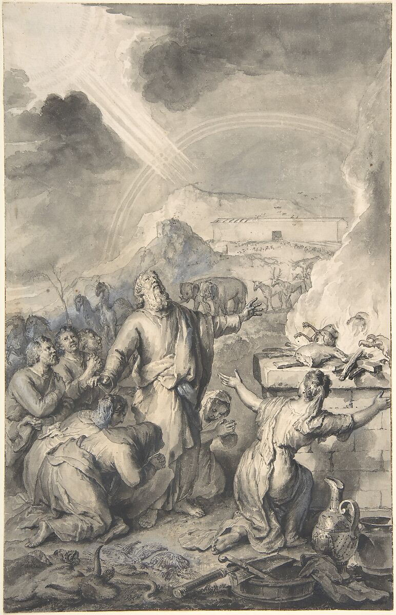 The Sacrifice of Noah, Gerard Hoet (Dutch, Zaltbommel, Gelderland 1648–1733 The Hague), Pen and point of brush and ink, brush and gray wash; framing lines in pen and black ink 