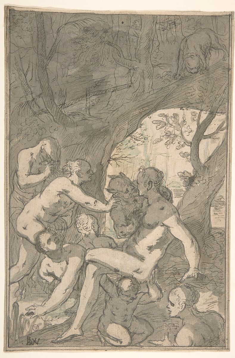 Women Bathing in a Wood, Surprised by a Satyr, Balthasar Katzenberger (German, Würzburg ca. 1580–after 1627 Würzburg (?)), Pen and gray ink, brush and gray and blue-green wash; double framing lines in pen and gray ink 