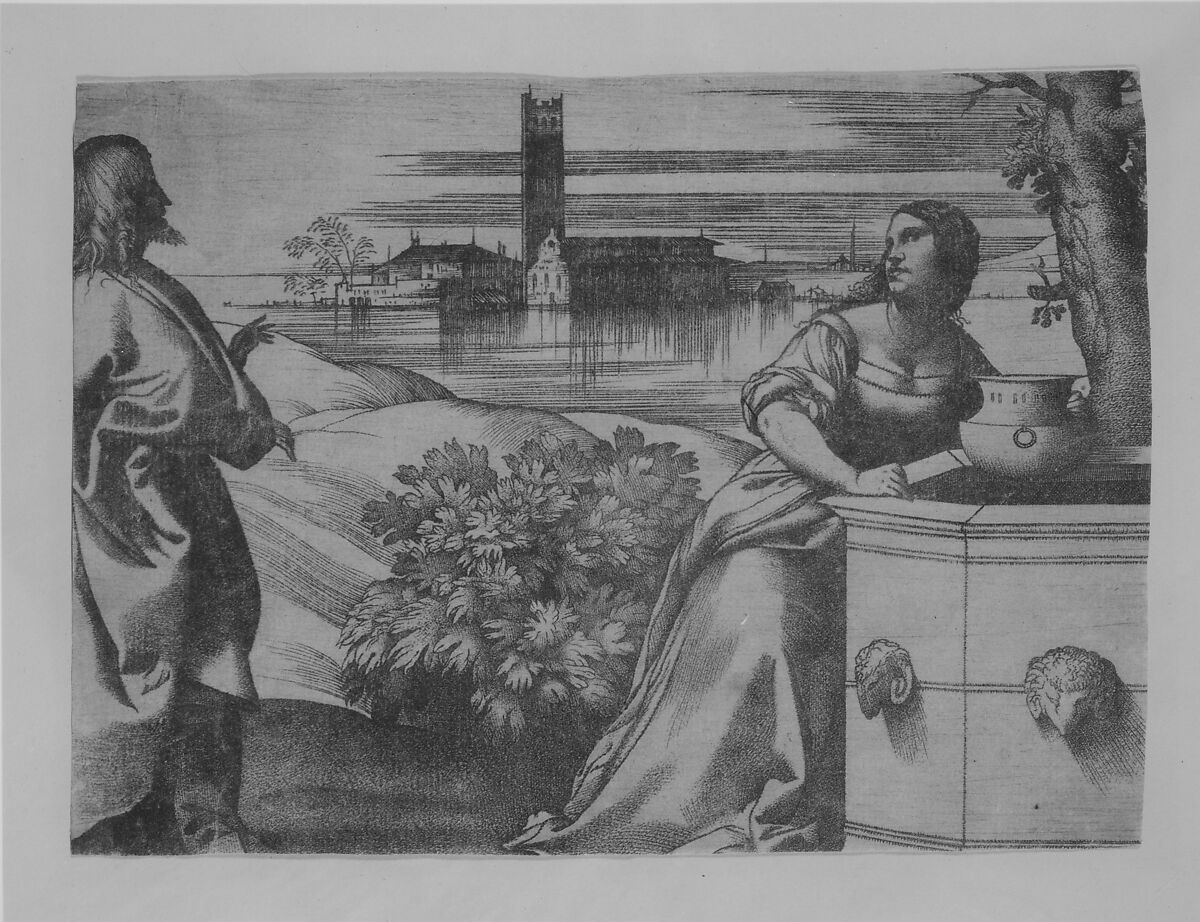 Christ standing at left addressing the Woman of Samaria at right who is standing by a well, lagoon in the background, Giulio Campagnola (Italian, Padua ca. 1482–ca. 1515/18 Venice), Engraving
