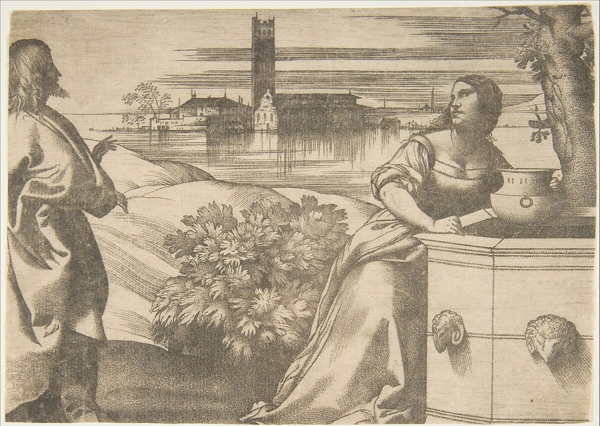 Christ standing at left addressing the Woman of Samaria at right who is standing by a well, lagoon in the background, Giulio Campagnola (Italian, Padua ca. 1482–ca. 1515/18 Venice), Engraving 