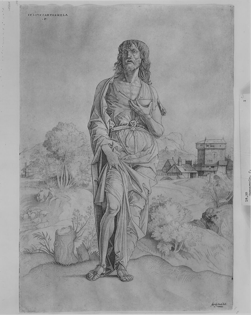 Saint John the Baptist standing in landscape, figures and buildings in the background, Giulio Campagnola (Italian, Padua ca. 1482–ca. 1515/18 Venice), Engraving