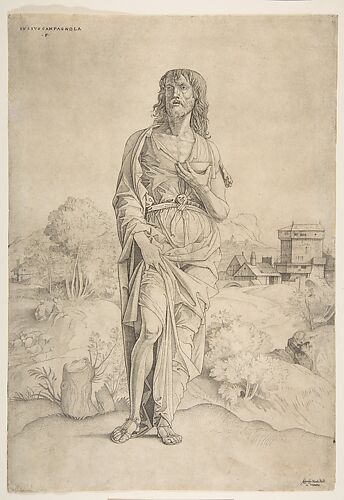 Saint John the Baptist standing in landscape, figures and buildings in the background