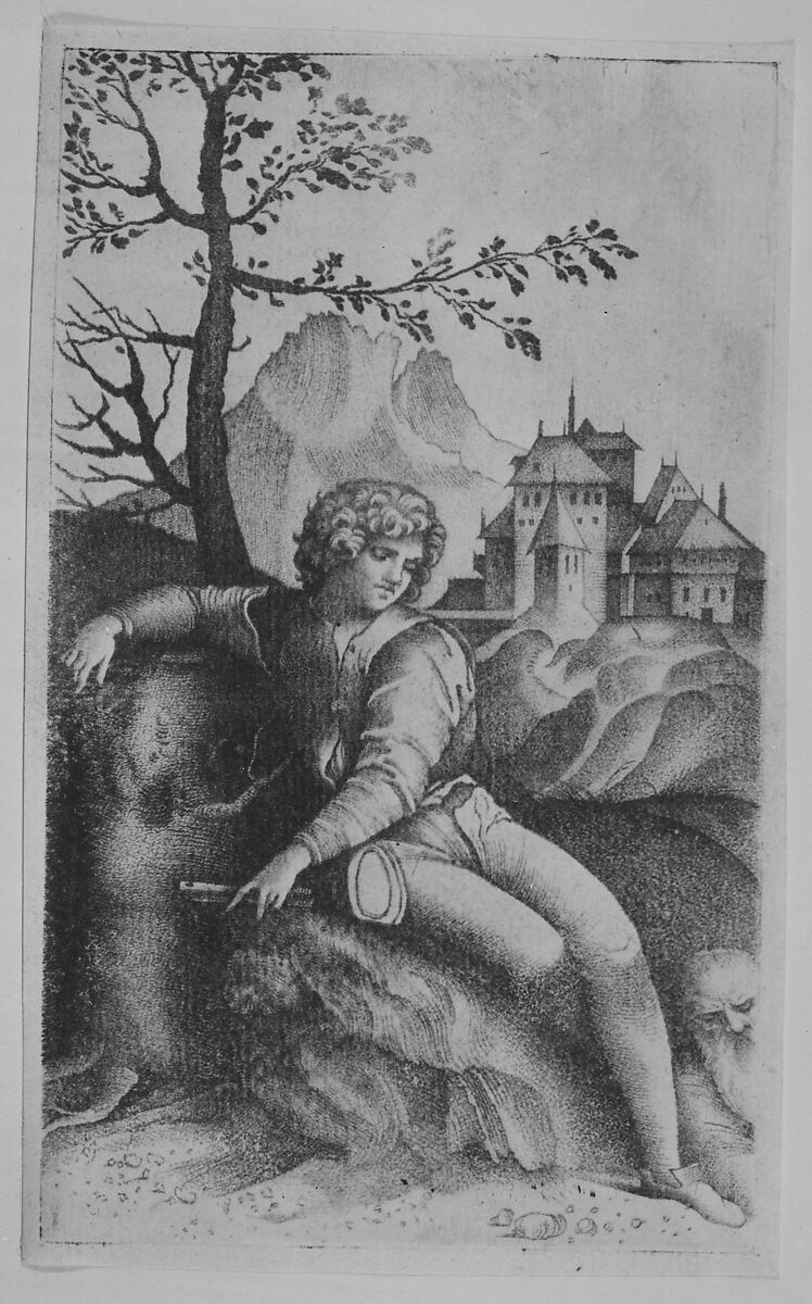 Young shepherd seated in a landscape looking toward an old man in the lower right, buildings in the background and a tree and mountain at left, Giulio Campagnola (Italian, Padua ca. 1482–ca. 1515/18 Venice), Engraving (stipple)