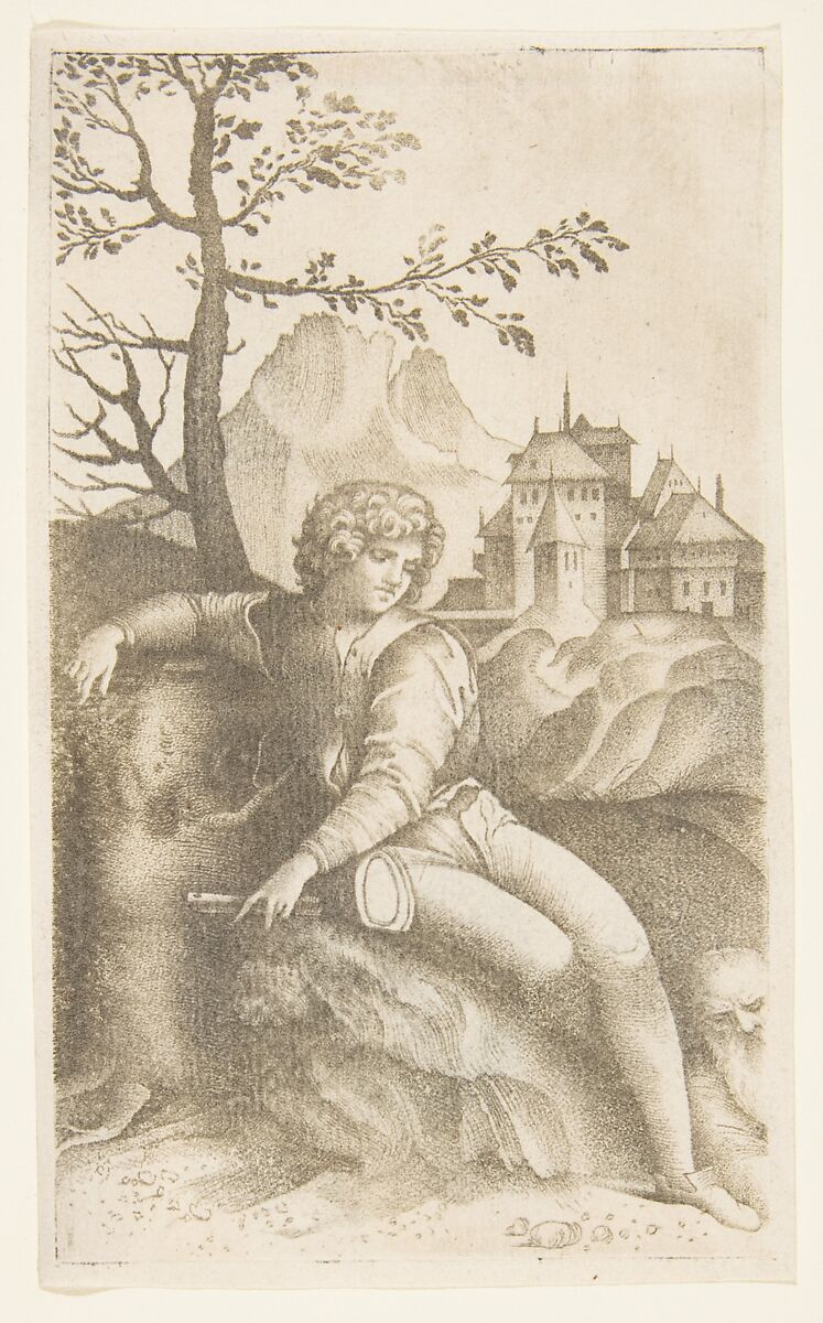 Young shepherd seated in a landscape looking toward an old man in the lower right, buildings in the background and a tree and mountain at left, Giulio Campagnola  Italian, Engraving (stipple)
