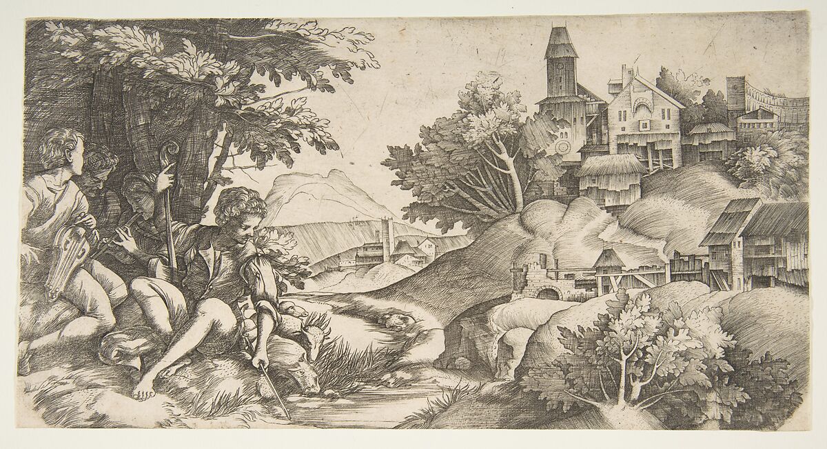 At left four shepherds with musical instruments seated under a group of trees; at right a hilly landscape with buildings, Giulio Campagnola (Italian, Padua ca. 1482–ca. 1515/18 Venice), Engraving 