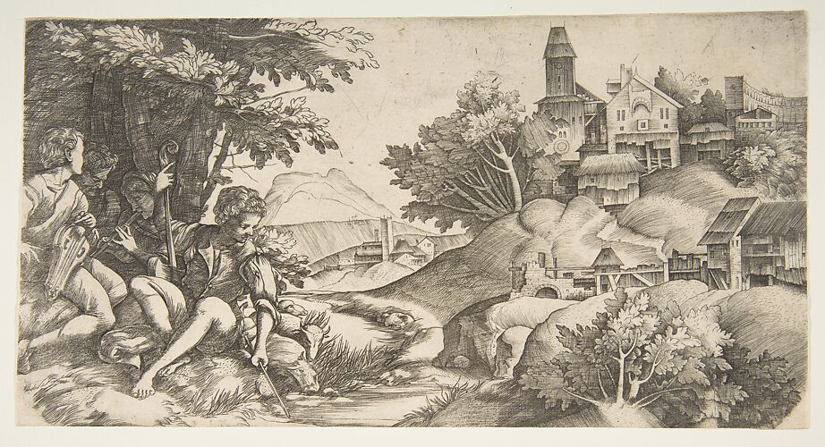 At left four shepherds with musical instruments seated under a group of trees; at right a hilly landscape with buildings