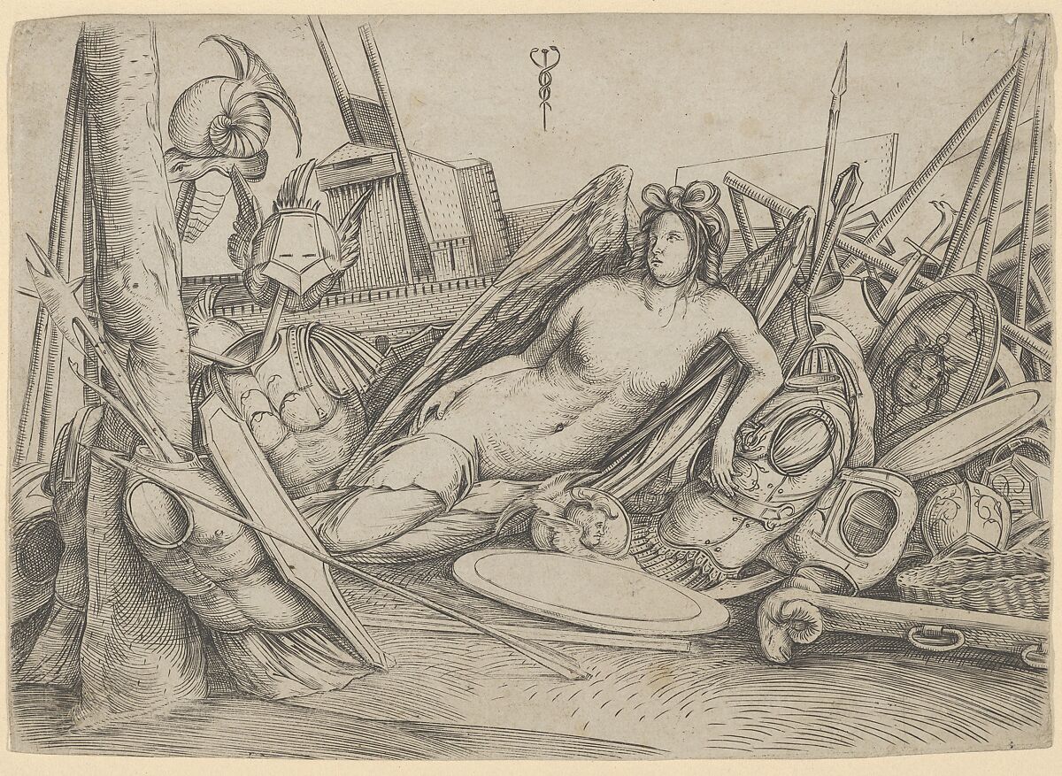 Victory reclining amid trophies, Jacopo de&#39; Barbari (Italian, active Venice by 1497–died by 1516 Mechelen or Brussels), Engraving 