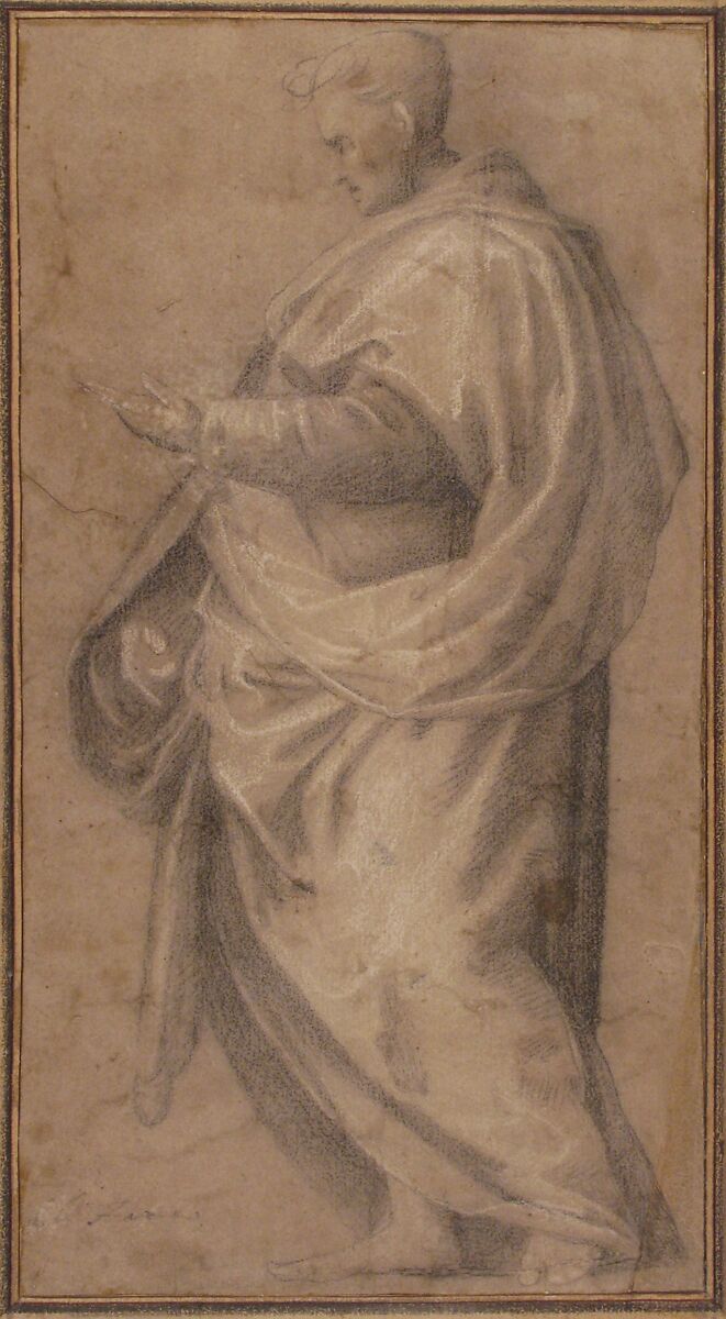 Drapery Study for a Standing Male Figure in Profile Facing Left, Workshop of Fra Bartolomeo (Bartolomeo di Paolo del Fattorino) (Italian, Florence 1473–1517 Florence), Black chalk, highlighted with white chalk, on tan paper