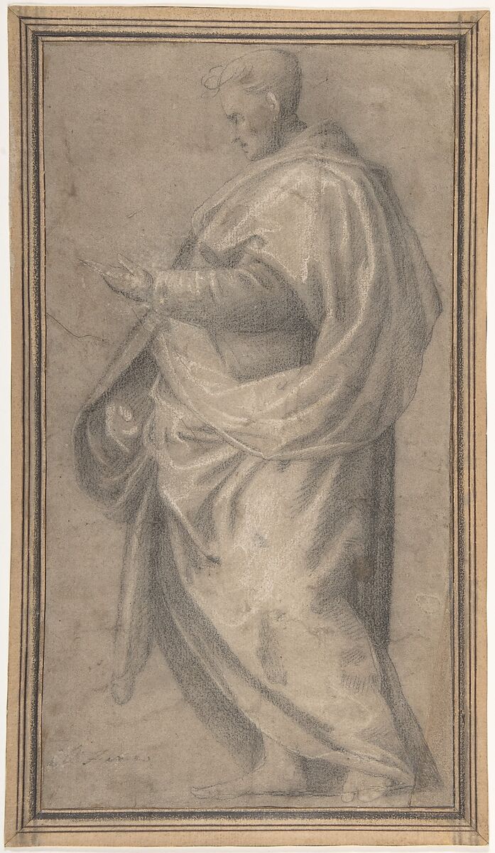 Drapery Study for a Standing Male Figure in Profile Facing Left, Workshop of Fra Bartolomeo (Bartolomeo di Paolo del Fattorino) (Italian, Florence 1473–1517 Florence), Black chalk, highlighted with white chalk, on tan paper 