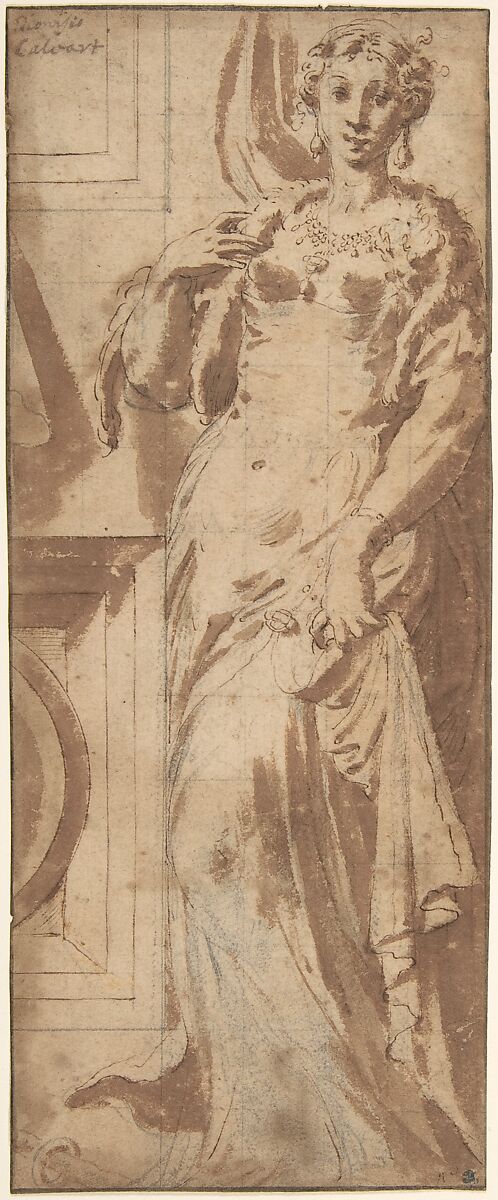 Standing Female Figure and Ornamental Framework, Girolamo Mazzola Bedoli (Italian, Viadana ca. 1505–ca. 1570 Parma), Pen and brown ink, brush and brown wash, over traces of black chalk; squared in black chalk 