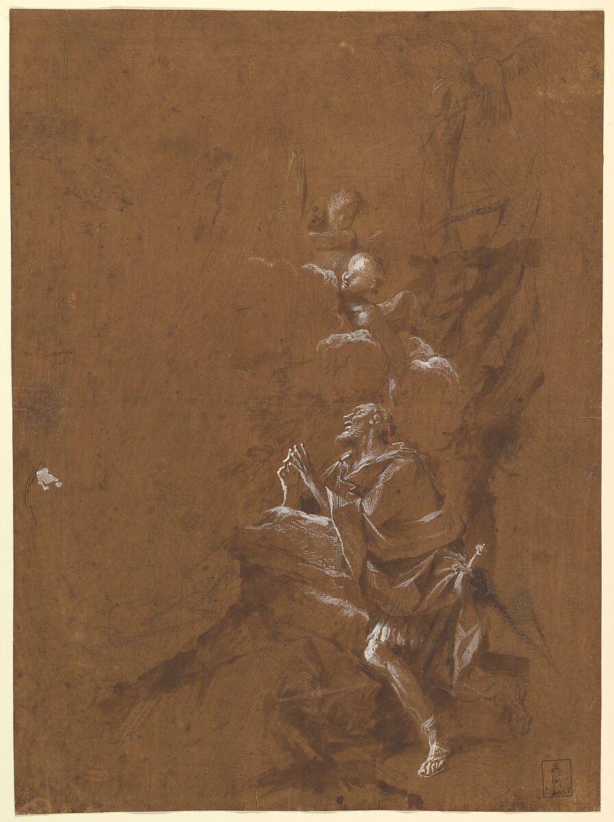 The Vision of Saint William of Aquitaine, Giovanni Angelo Canini (Italian, Rome ca. 1609-17–1666 Rome), Brush and brown wash, highlighted with white gouache, over black chalk, on brown-washed paper 