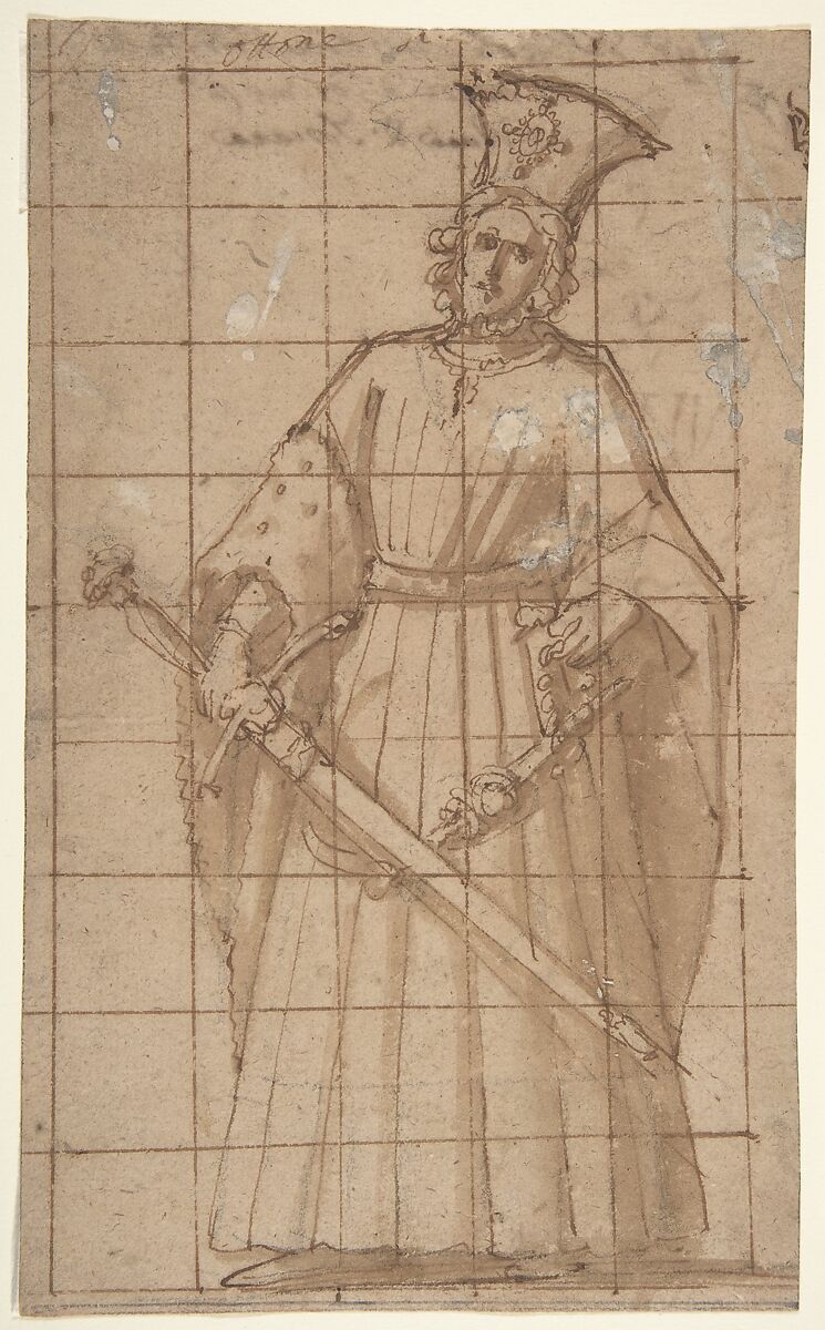 Standing Male Figure Holding a Sword (King Otto of Hungary; recto); Sketch of Standing Male Figure (verso), Cigoli (Ludovico Cardi) (Italian, Castello di Cigoli 1559–1613 Rome), Pen and brown ink, brush and brown wash, over black chalk; squared in pen and brown ink; accidental white paint stains (recto); pen and brown ink (verso) 