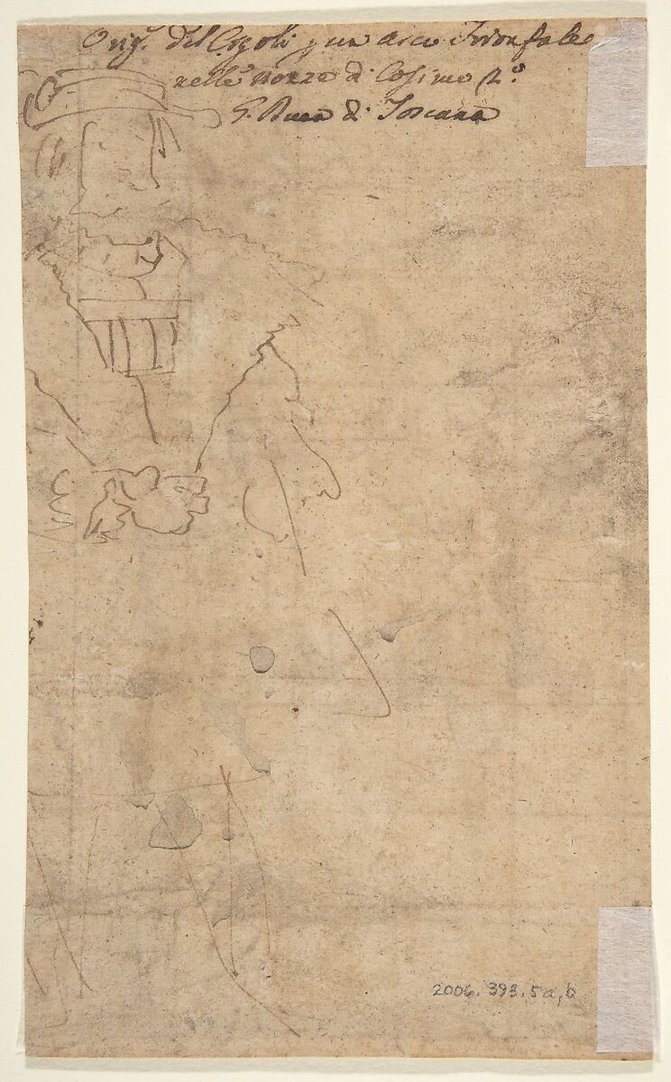 Standing Male Figure Holding a Sword (King Otto of Hungary; recto); Sketch of Standing Male Figure (verso), Cigoli (Ludovico Cardi) (Italian, Castello di Cigoli 1559–1613 Rome), Pen and brown ink, brush and brown wash, over black chalk; squared in pen and brown ink; accidental white paint stains (recto); pen and brown ink (verso)