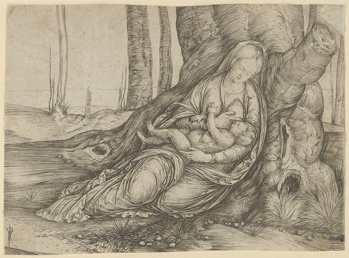 The Madonna nursing the Christ Child at the foot of a tree, Jacopo de&#39; Barbari (Italian, active Venice by 1497–died by 1516 Mechelen or Brussels), Engraving, upper and lower right corners are restored 