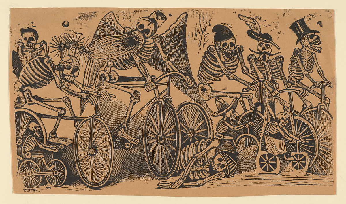 Skeletons (calaveras) riding bicycles, José Guadalupe Posada (Mexican, Aguascalientes 1852–1913 Mexico City), Type-metal engraving 