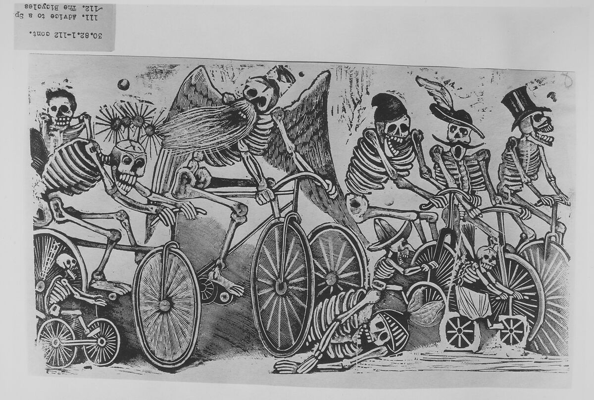 Skeletons (calaveras) riding bicycles, José Guadalupe Posada (Mexican, Aguascalientes 1852–1913 Mexico City), Type-metal engraving