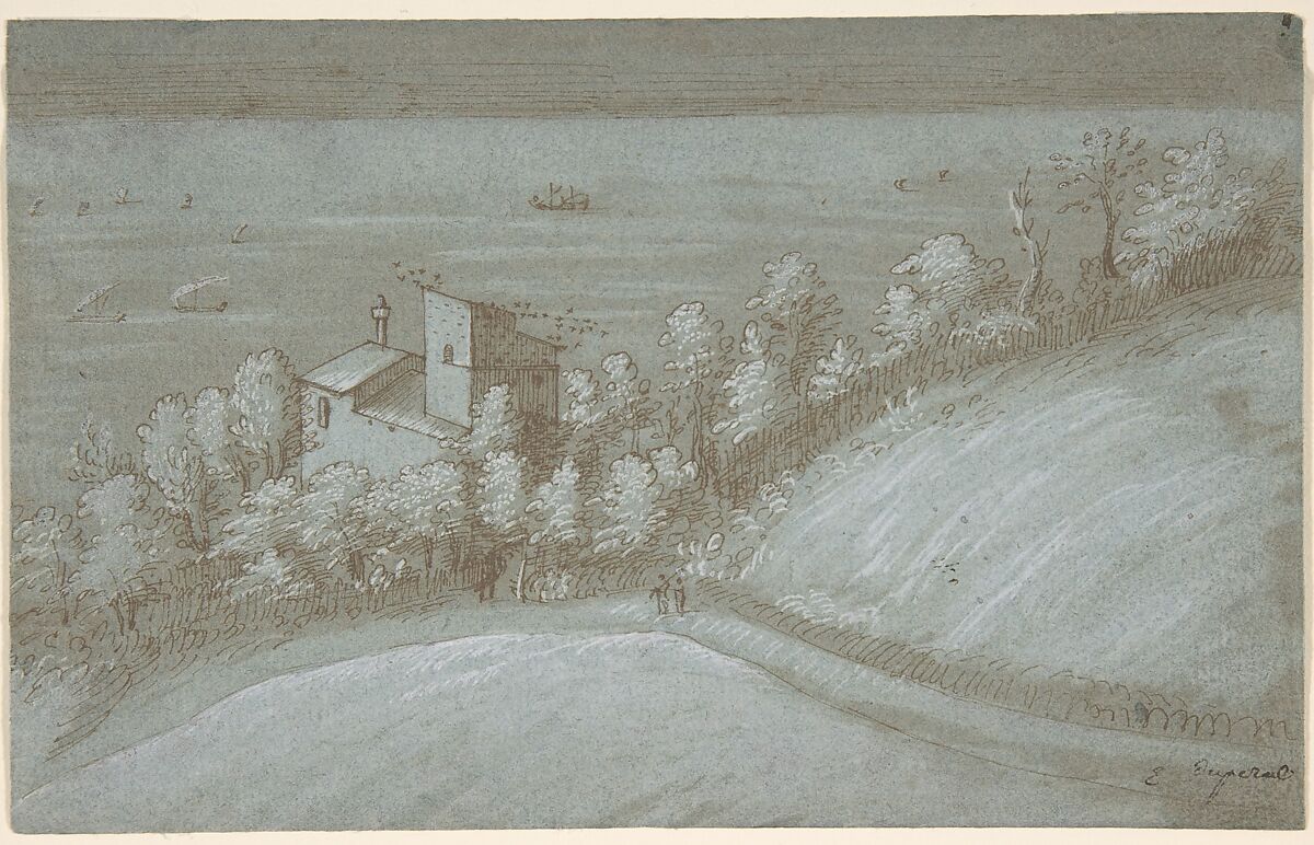 A House with a Dovecote and Trees by the Sea, Gherardo Cibo (Italian, Genoa 1512–1600 Rocca Contrada (Arcevia)), Pen and brown ink, brush and pale brown wash, highlighted with white gouache on blue paper 
